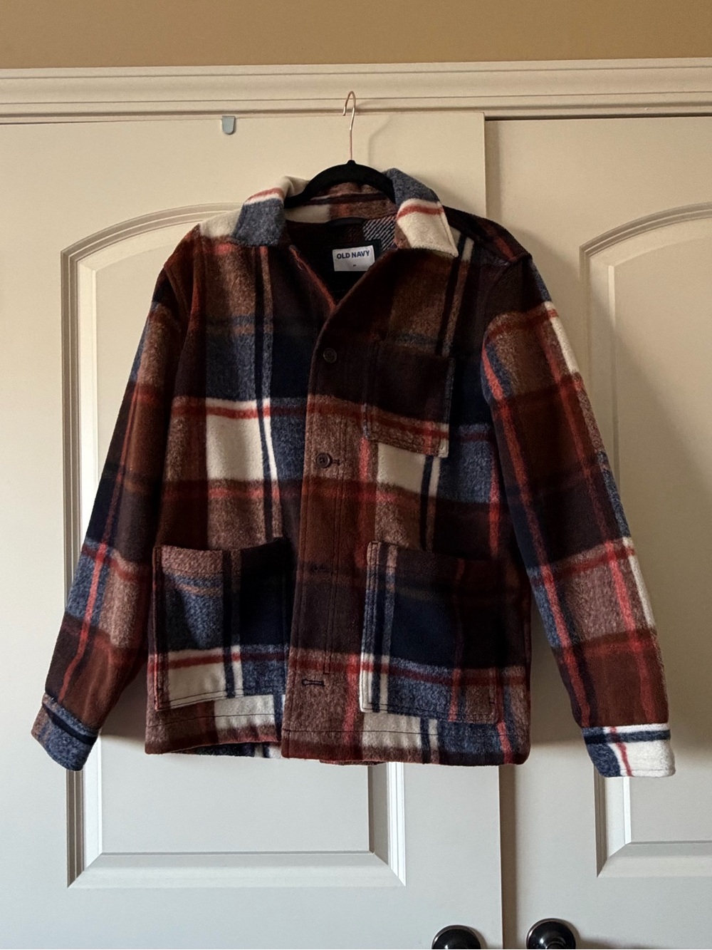 Old Navy Men's Plaid Shacket in Brown, Navy & Cream